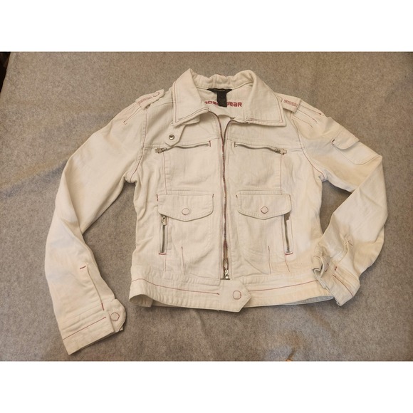 Rocawear Jacket Y2k Womens XL White Denim Moto Red Stitch Pockets Spandex - Picture 1 of 16